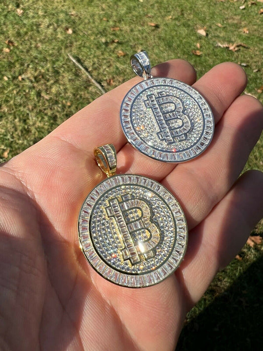 Side angle of Bitcoin pendant in silver, shimmering round cut stones with 3D layered design