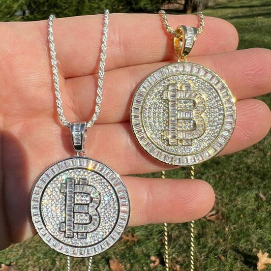 Iced Out Bitcoin Pendant in 925 Silver Shine