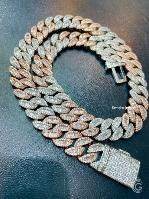 Full-length 16mm iced Cuban link chain, gold and silver two-tone style for daily drip