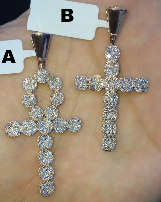 Side view of the hip-hop cross pendants A and B, showcasing round-cut diamonds and intricate detailing