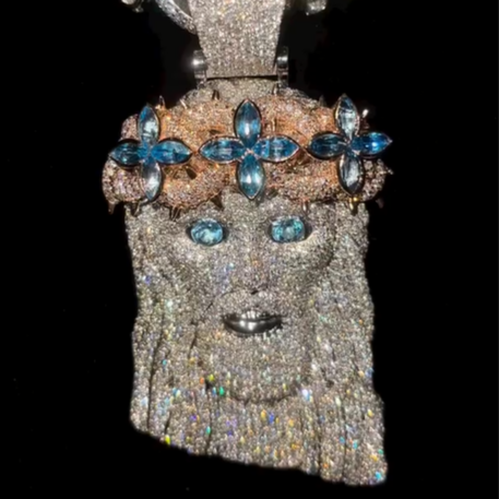 Men’s Jesus Pendant with Blue Topaz and Diamond Cuts