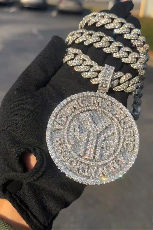 Full view of round moissanite pendant, elegant yet bold piece for daily urban fashion