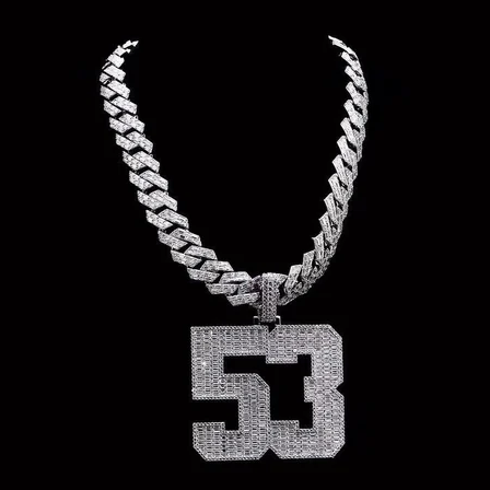 Front view of the 53 number pendant, highlighting its intricate diamond detailing and stylish design