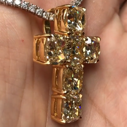 Iced Cross Pendant with Yellow Cushion Stone