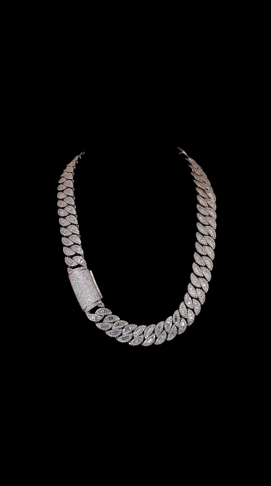 18mm silver baguette Cuban chain laid flat, bold hip hop jewelry piece
