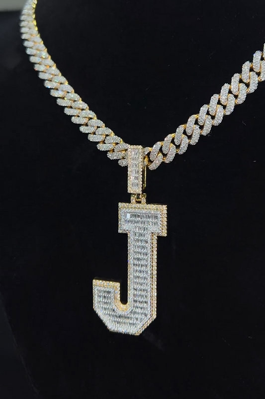 Side view of the J letter pendant, highlighting its bold 2-tone design and intricate craftsmanship