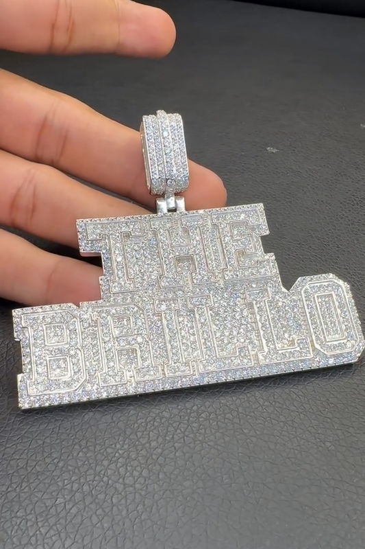 Zoomed-out view of the THE BRILLO hip-hop letter pendant, showcasing its stylish and elegant appeal