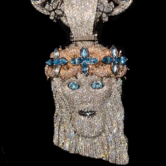 Men’s Jesus Pendant with Blue Topaz and Diamond Cuts