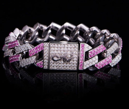 15mm Rapper Cuban Bracelet with Pink Ice