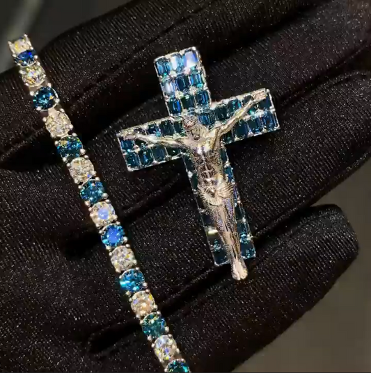 Zoomed-out view of the iced-out Jesus cross pendant, showcasing its bold hip-hop style