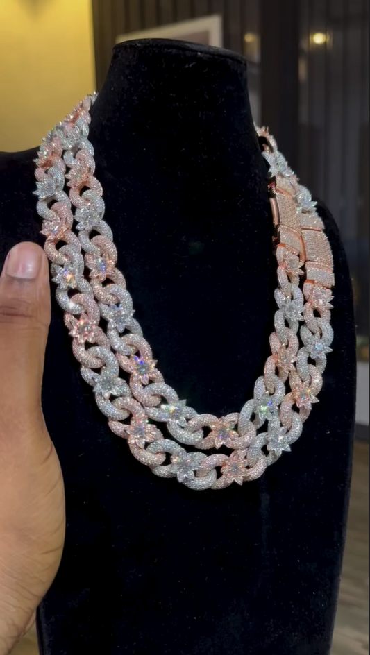Video of 15mm flower moissanite party chain, iced hip hop necklace with floral bling