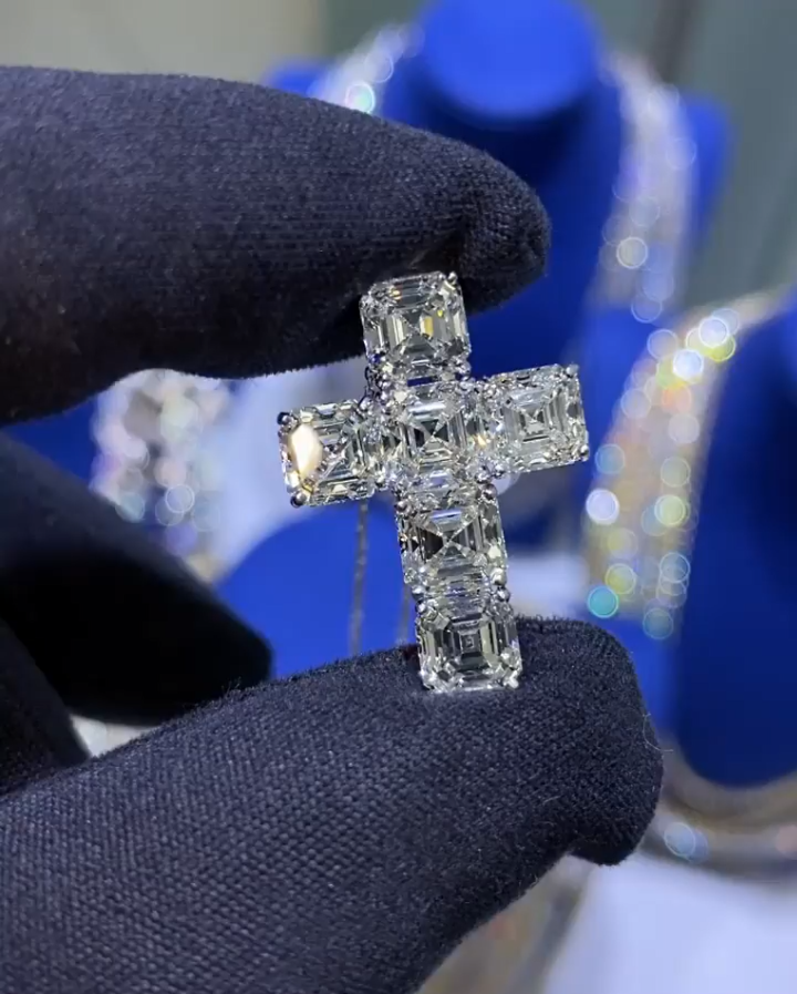 Side view of the hip-hop cross pendant with Ascher cut Moissanite stones, highlighting intricate craftsmanship