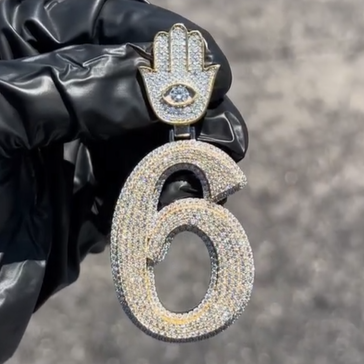 Iced Out Number 6 Pendant with Hamsa Bail