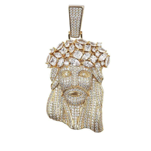 Zoomed-out view of the Jesus face pendant, showcasing its luxurious design and diamond detailing
