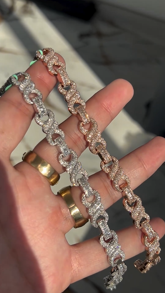 Close-up of round and baguette diamonds on 10mm bracelet, high shine and clean setting