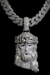 Silver bling hip-hop Jesus pendant with round and marquise diamonds, showcasing a bold design