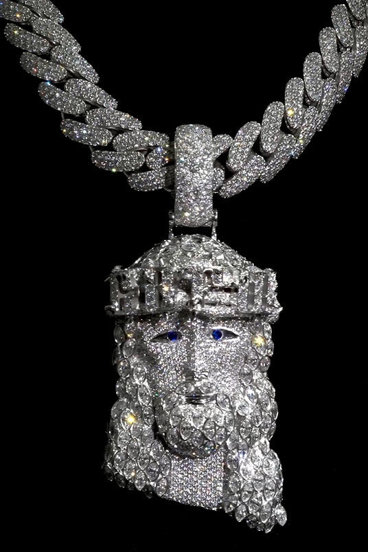 Silver bling hip-hop Jesus pendant with round and marquise diamonds, showcasing a bold design