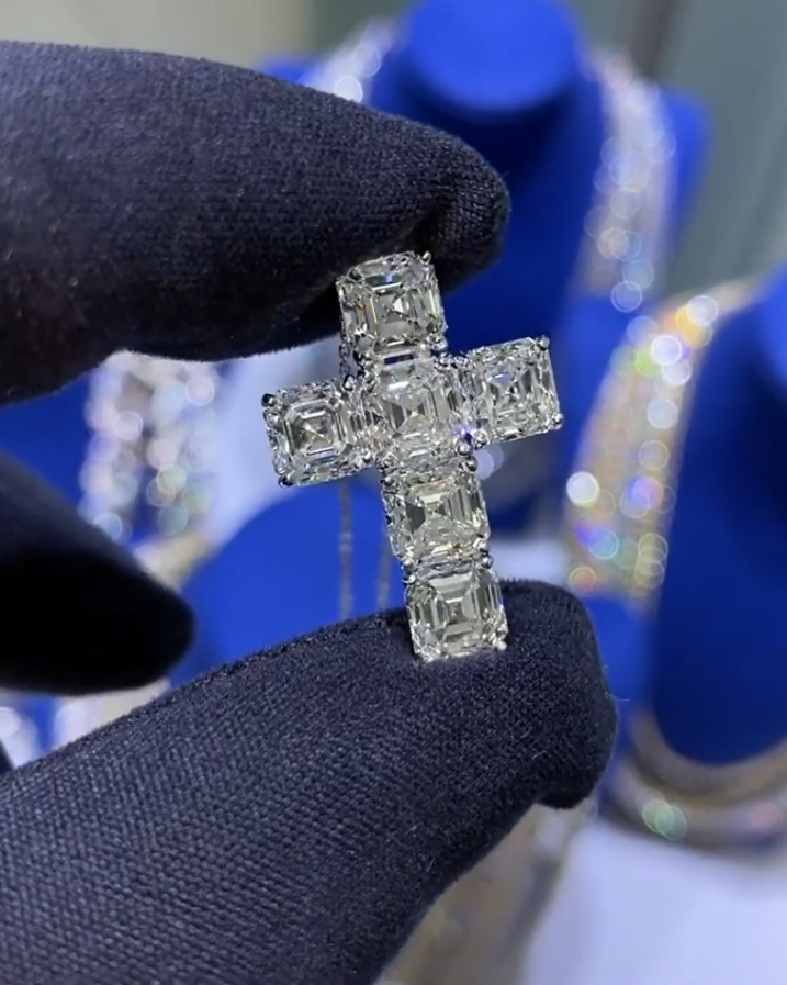 Sterling silver hip-hop cross pendant with Ascher cut Moissanite stones