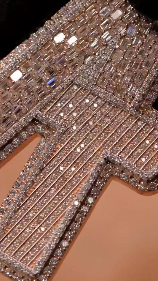 Close-up of the A letter pendant, highlighting sparkling Moissanite diamonds and intricate design