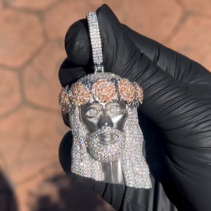 Round Moissanite Icy Jesus Face Necklace in Sterling Silver