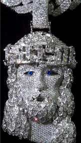 Close-up of the Jesus pendant with sparkling marquise diamonds, showcasing its luxurious design