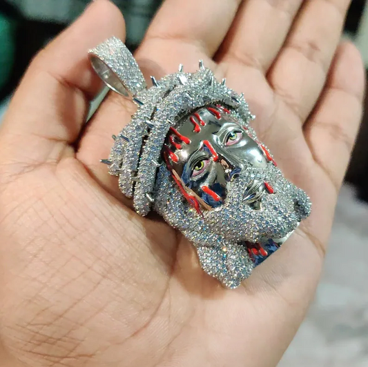 Iced Out Round Colorless Jesus Face Pendant Bling