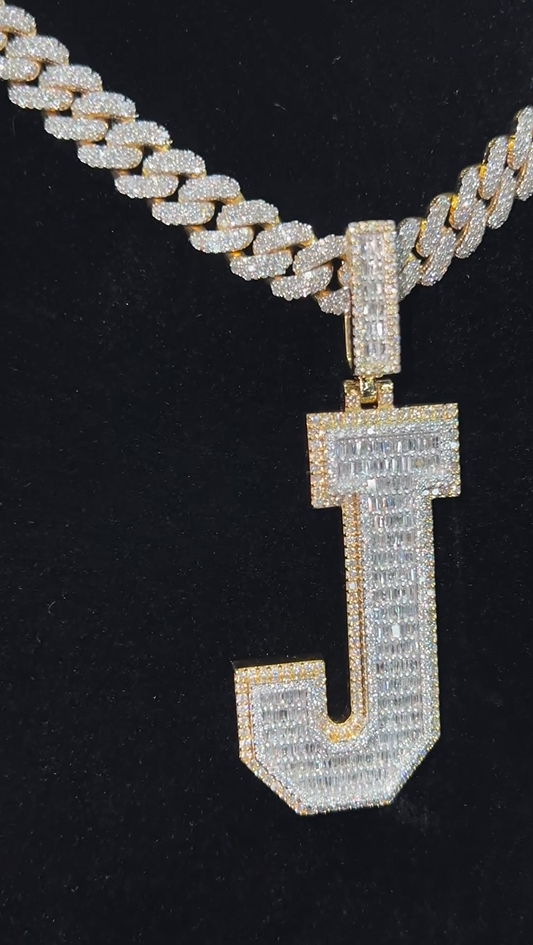 Hip-hop J letter pendant in gold and silver 2-tone finish, paired with a sleek Miami Cuban chain
