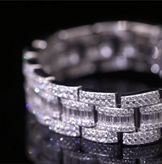 Close-up of brilliant moissanite stones on 18mm Cuban bracelet, high sparkle finish