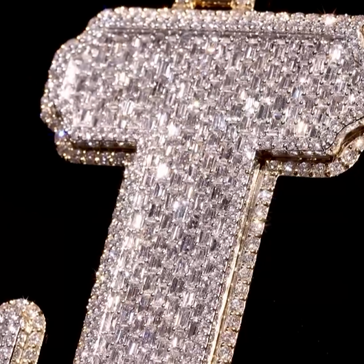 Round and Baguette Diamond J Initial Pendant