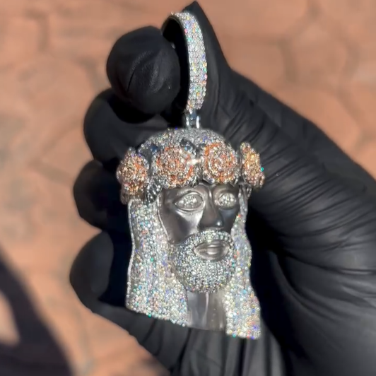 Round Moissanite Icy Jesus Face Necklace in Sterling Silver