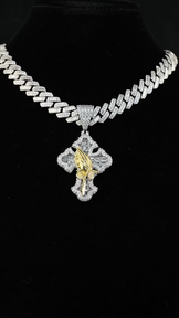 Two Tone Praying Hands Cross Pendant With Cuban Chain