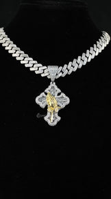 Two Tone Praying Hands Cross Pendant With Cuban Chain