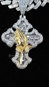 Two Tone Praying Hands Cross Pendant With Cuban Chain