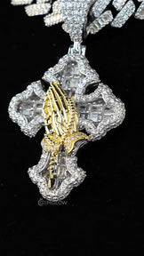Two Tone Praying Hands Cross Pendant With Cuban Chain