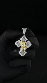 Two Tone Praying Hands Cross Pendant With Cuban Chain