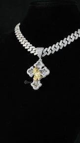 Two Tone Praying Hands Cross Pendant With Cuban Chain