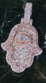 Men's Iced Out Round & Emerald Hamsa Hand Pendant