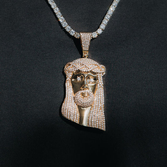 Iced Out Jesus Crown Pendant in Yellow Gold Over Silver