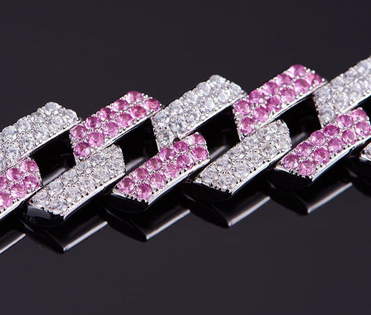 15mm Rapper Cuban Bracelet with Pink Ice