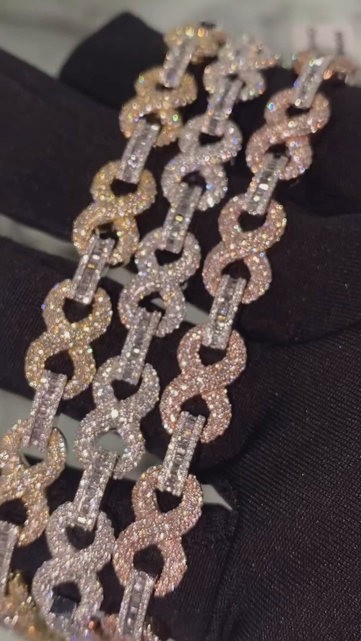 Video of iced infinity bracelet in 925 silver, full sparkle and smooth design for bold jewelry lovers