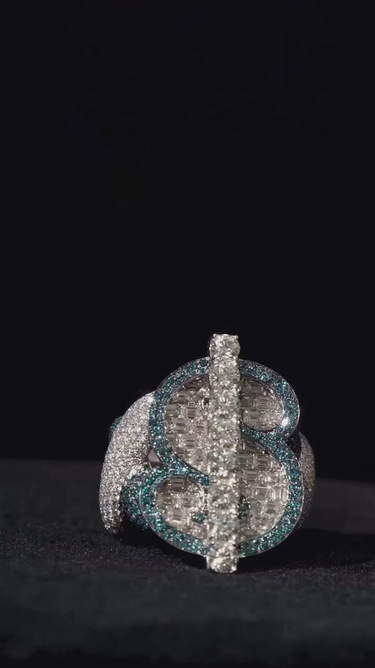 360 video of iced dollar sign pinky ring with bling stones, men's hip hop jewelry