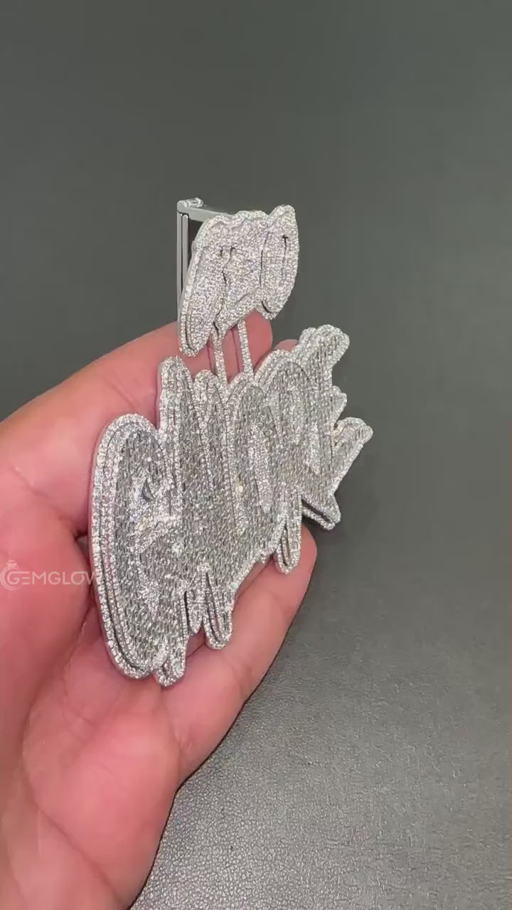 Video of big iced-out name pendant in 925 silver with diamonds