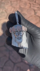 Round Moissanite Icy Jesus Face Necklace in Sterling Silver