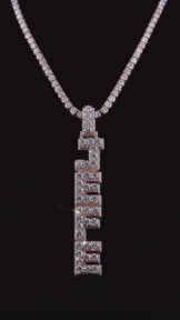 Video of JEFE letter pendant with round and baguette diamonds, VVS1 clarity, showcasing bold iced-out style
