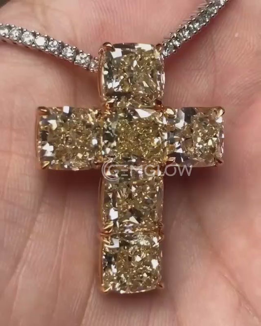 Iced Cross Pendant with Yellow Cushion Stone