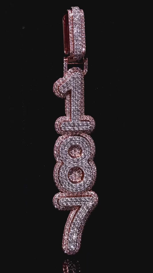 Video of 187 vertical pendant with round-cut diamonds in sterling silver, showcasing bold hip-hop design