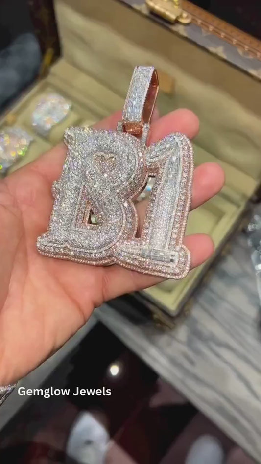 Video of B1 letter pendant in sterling silver with round and baguette-cut Moissanite diamonds, elegant design
