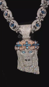Men’s Jesus Pendant with Blue Topaz and Diamond Cuts