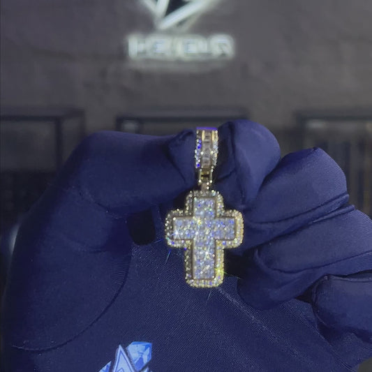 Video of iced-out Moissanite cross pendant with round and princess-cut diamonds in sterling silver