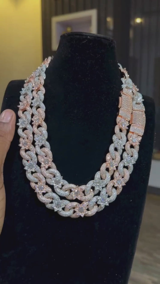 15mm flower moissanite chain laid out flat, perfect iced necklace for parties or gifts